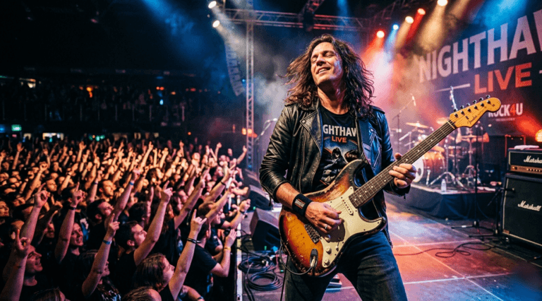 Artista tocando guitarra eléctrica en directo frente a una multitud.